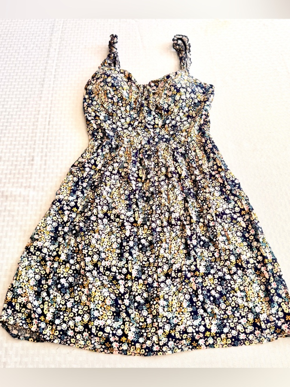 AUW Floral Cottagecore Sundress Mini Ruffle Strap Smocked Back Navy Blue Large